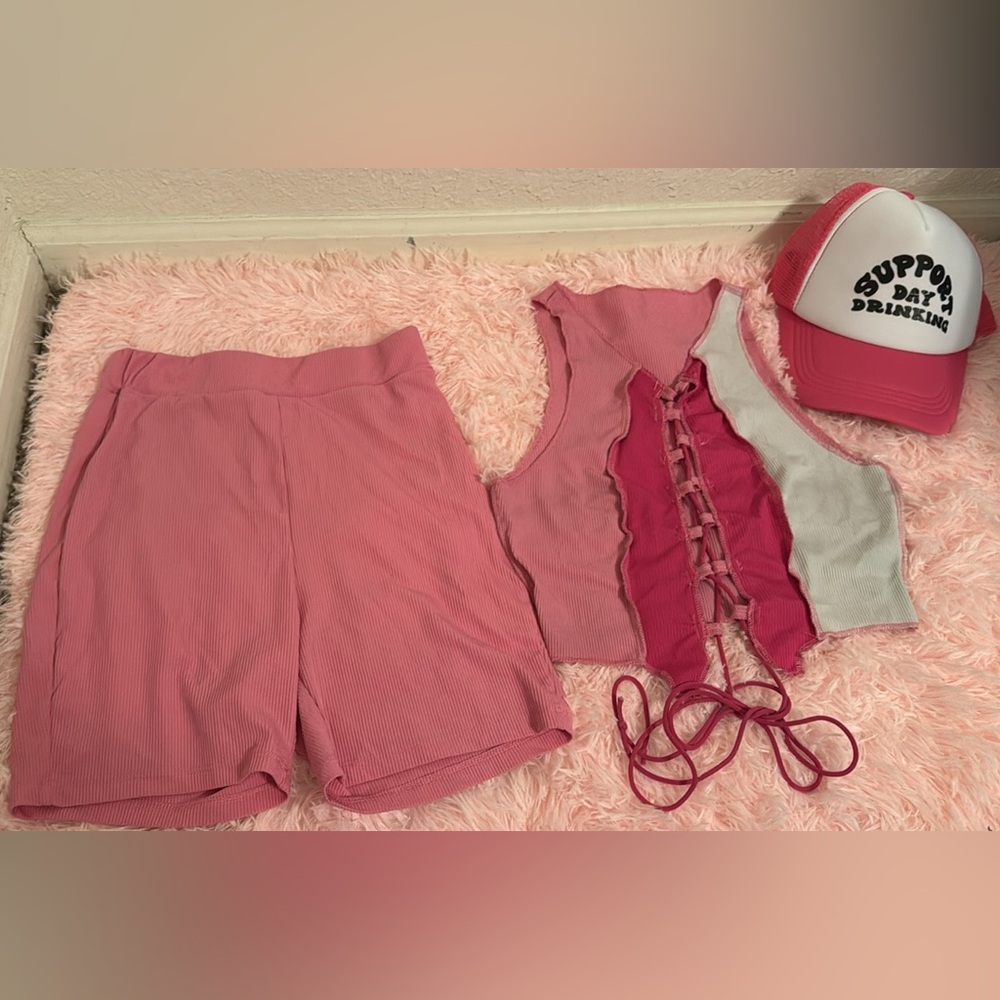 SHEIN Pink Lace-Up Top and Shorts Set with Cap